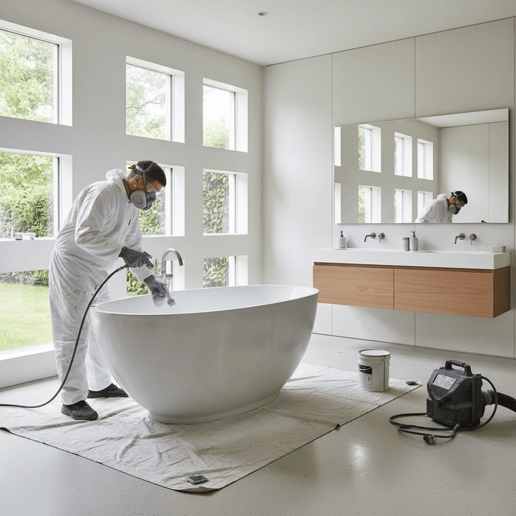 Refinisher applying a new coating to a bathtub during a restoration process