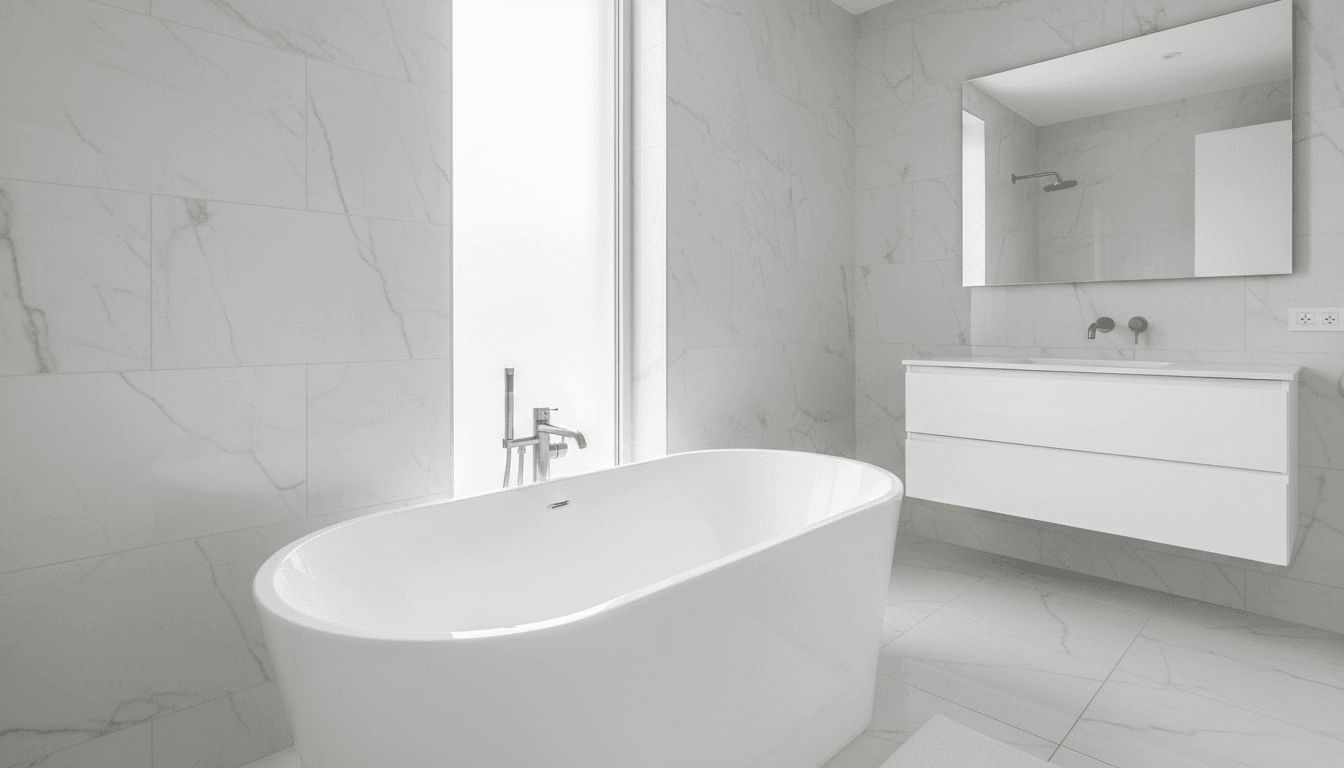 Freshly refinished white bathtub in a clean modern bathroom