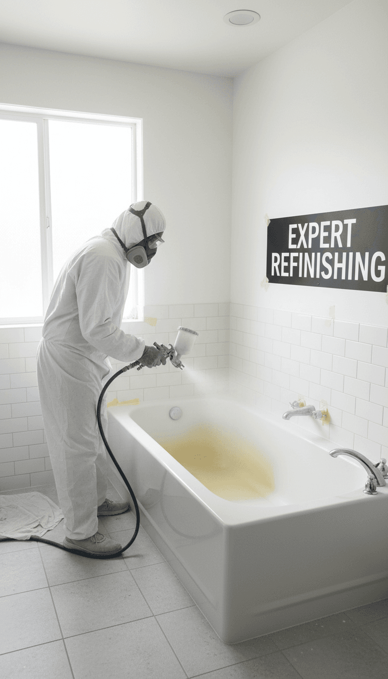 Technician applying a new finish to a bathtub with an HVLP spray system