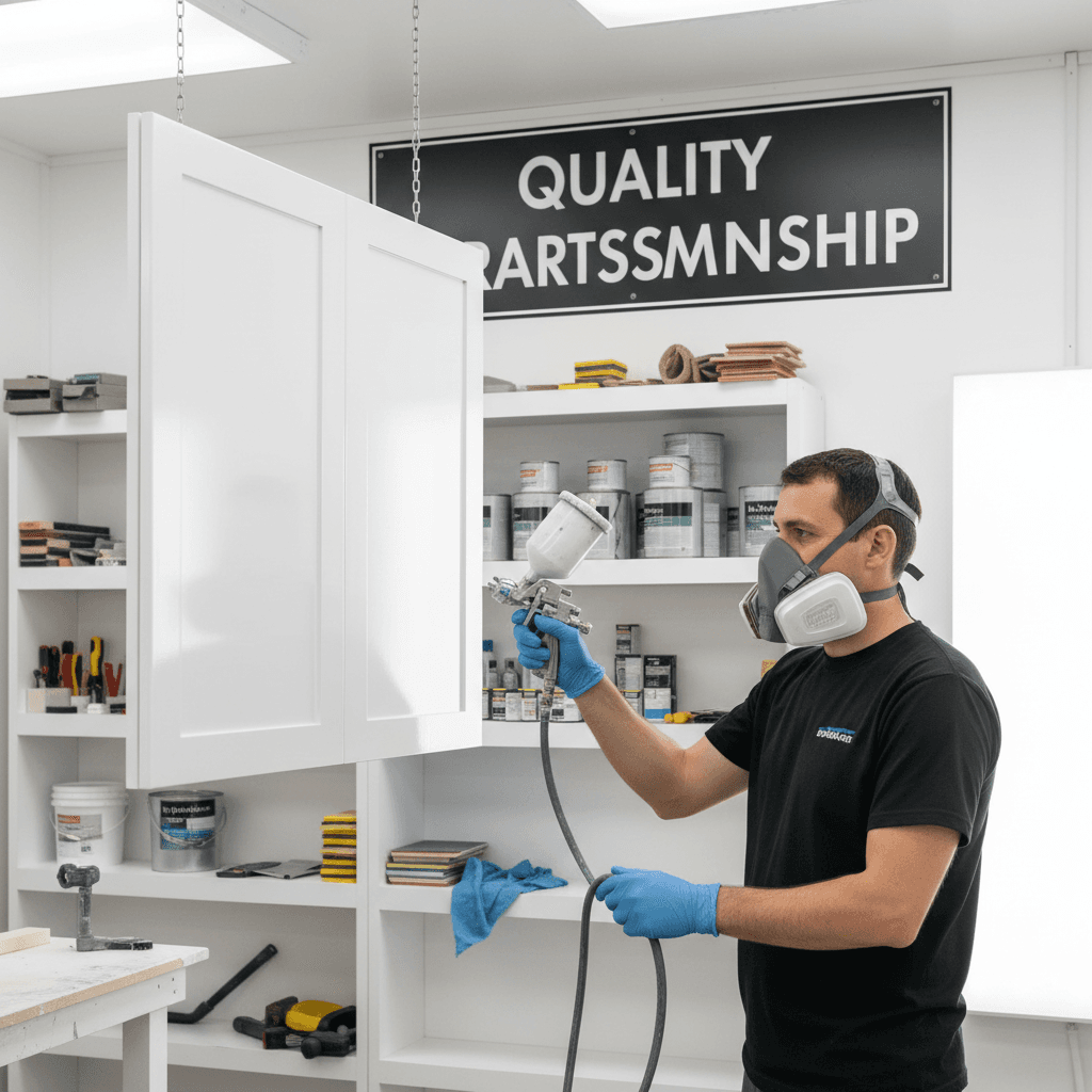 Professional applying finish with HVLP spray gun
