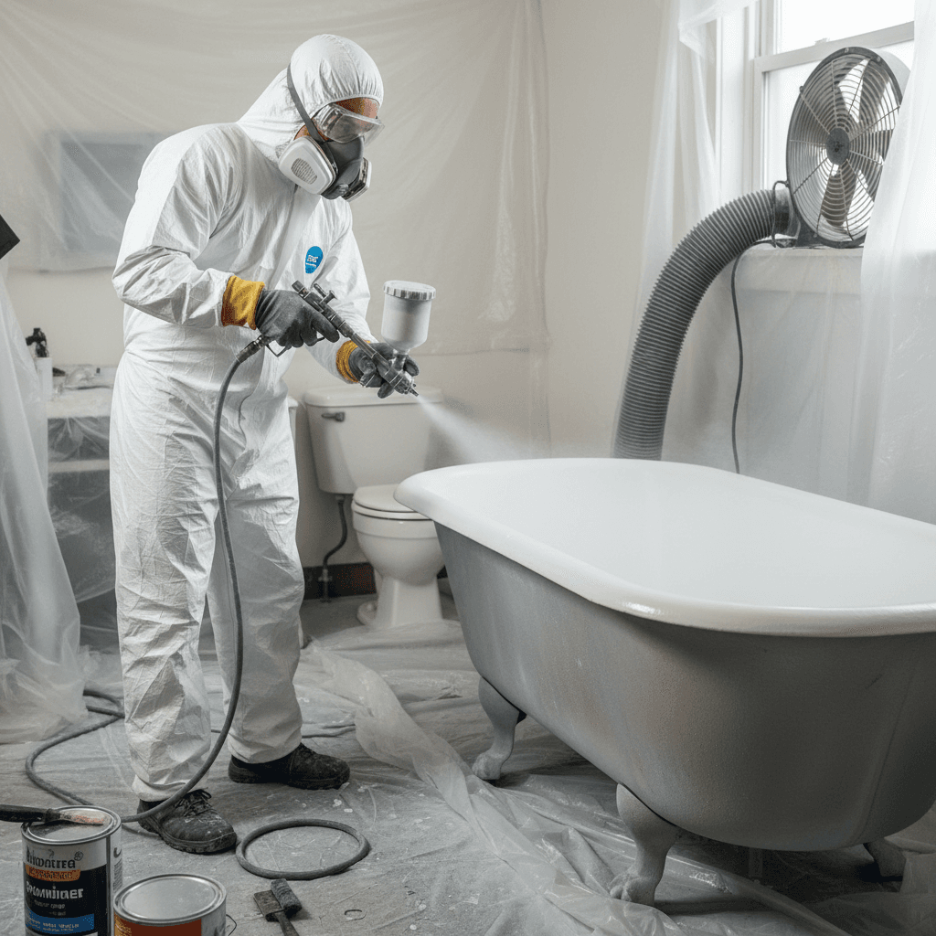 Professional refinisher spraying a bathtub with an HVLP spray system