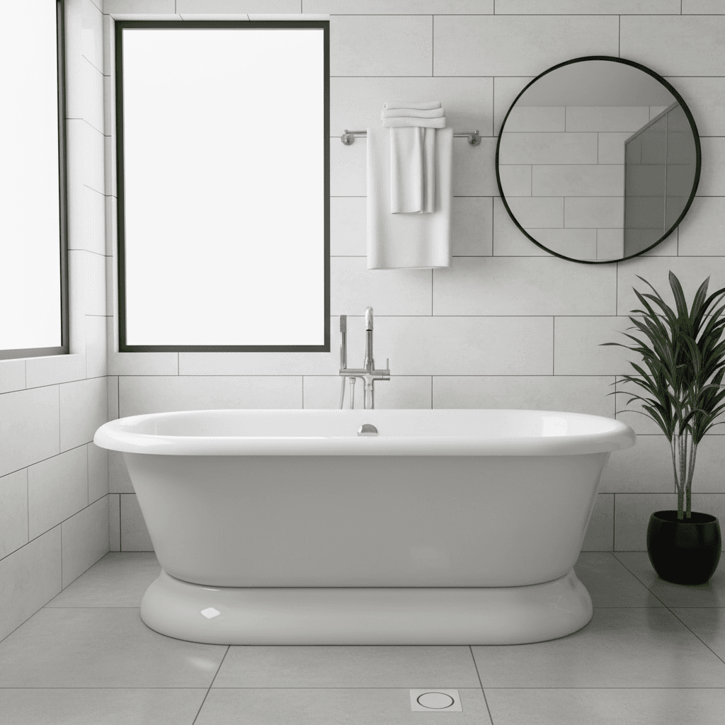 Freshly refinished white bathtub with a glossy finish in a clean bathroom