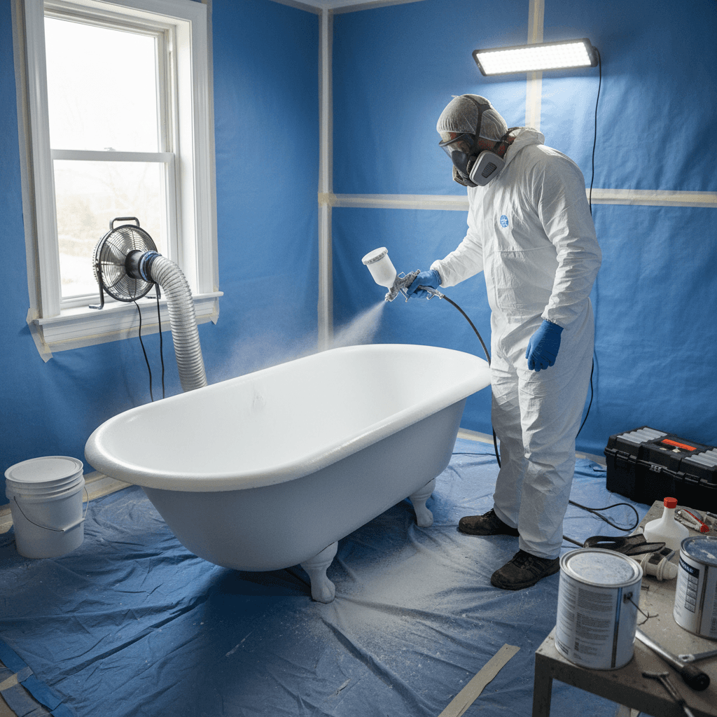 Professional refinisher spraying a new finish onto a bathtub with an HVLP spray gun