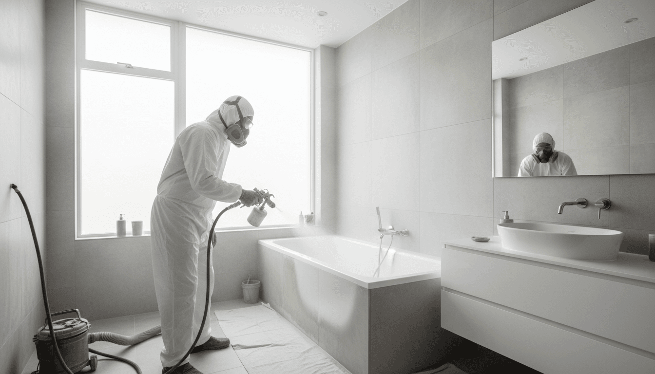 Refinisher applying a durable coating to a bathtub with an HVLP spray system