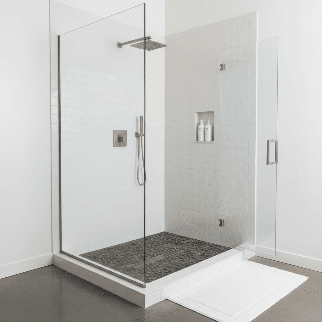 Walk-in shower with refinished tile surround