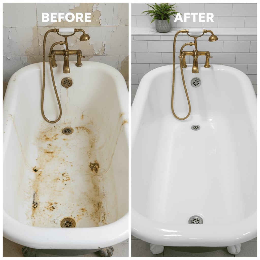 Side-by-side before and after of a worn bathtub and a newly refinished one