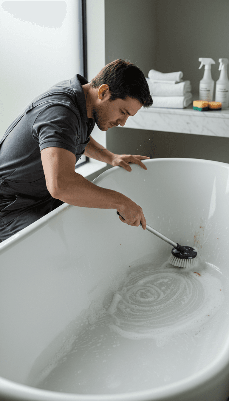 Refinishing specialist applying a durable new coating to a bathtub with an HVLP spray system