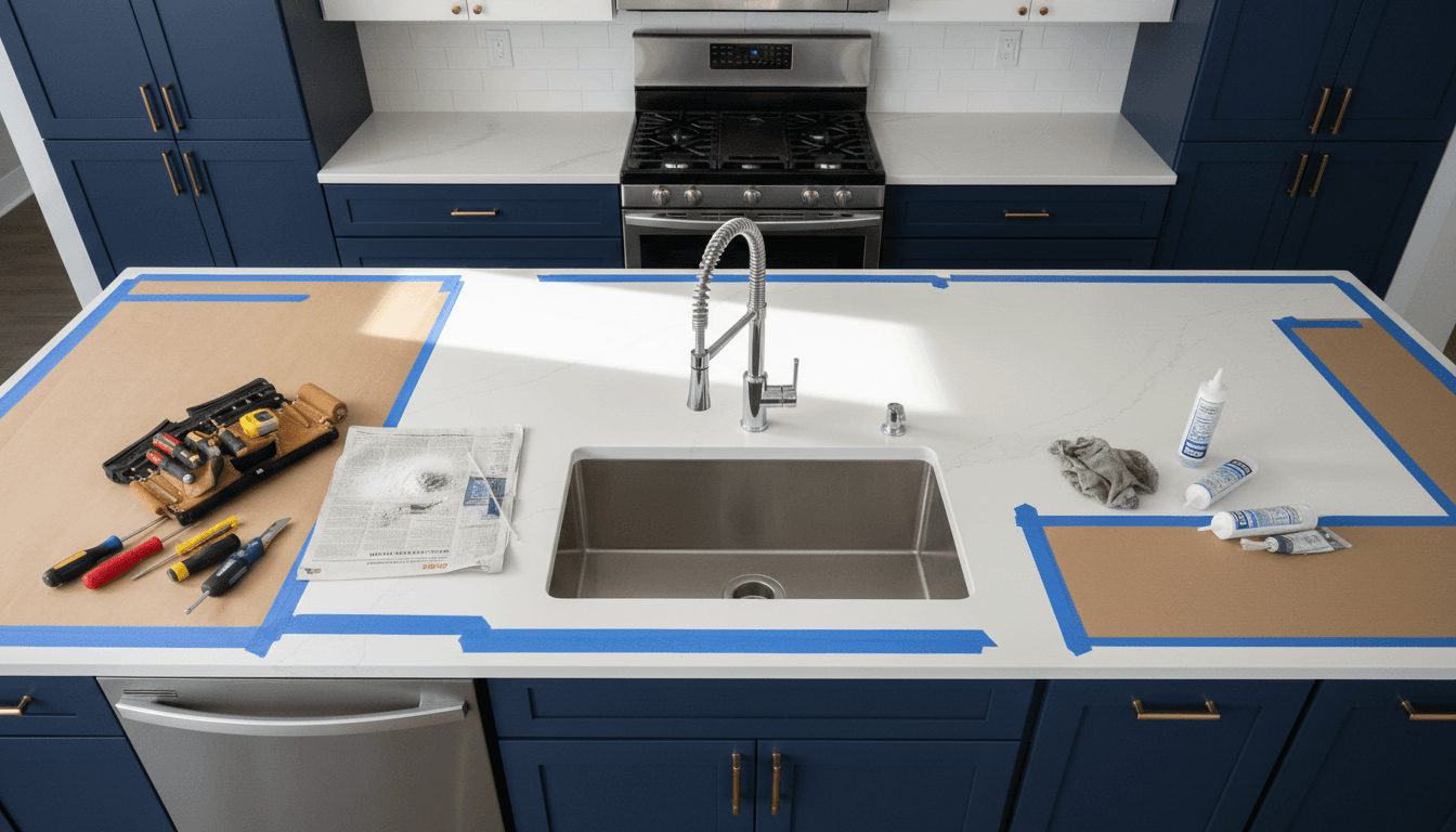Dated bathroom countertop before resurfacing