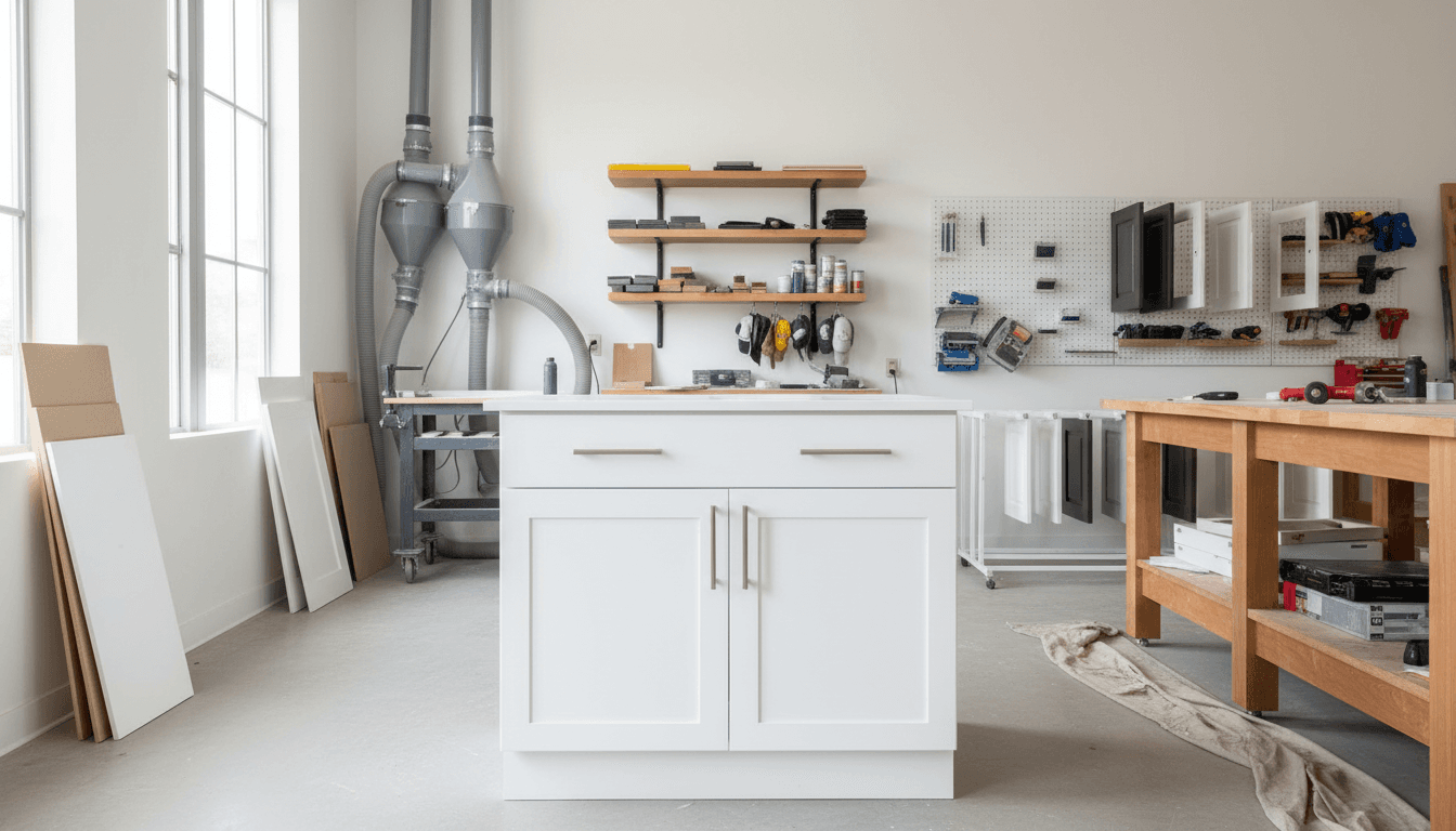 Refinished kitchen cabinets with durable factory finish