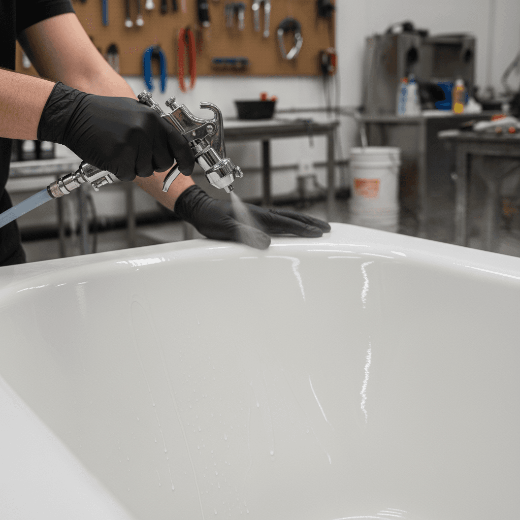 Refinisher applying a new glaze to a bathtub surface
