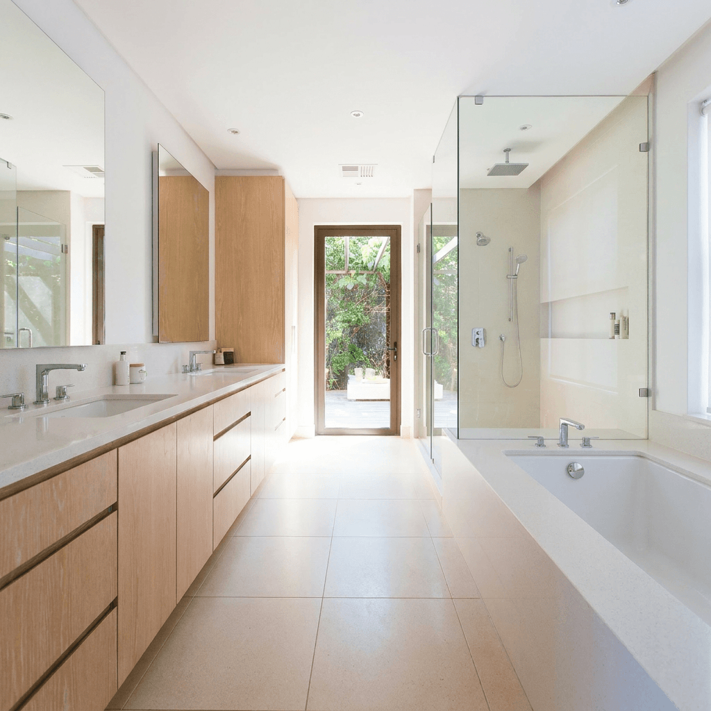 Bright renovated bathroom with a newly finished white bathtub