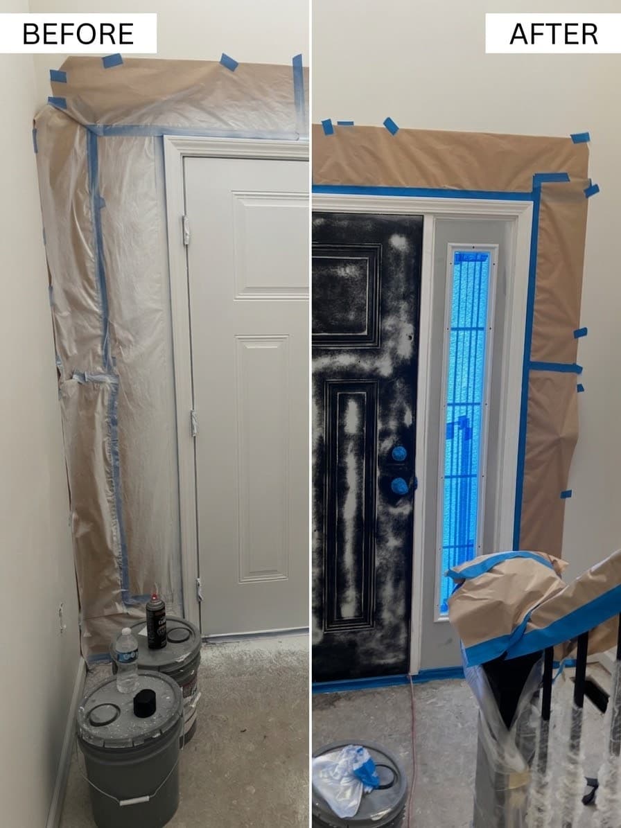 Before and after comparison of a white door being painted black with protective masking.