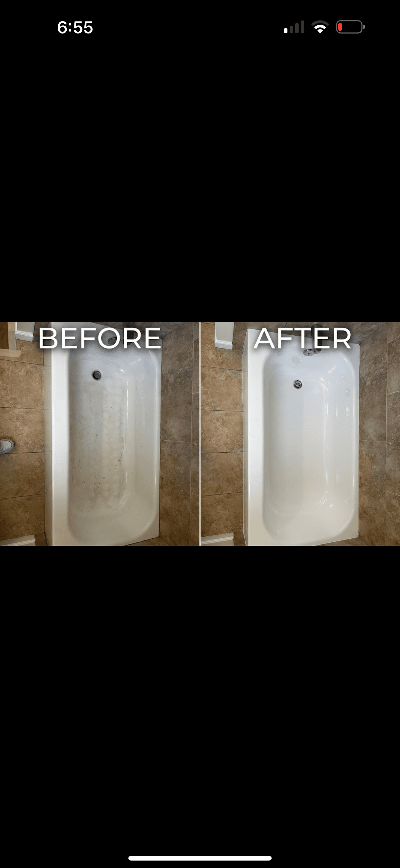 Before and after photos showing a stained bathtub transformed into a clean, bright white tub.