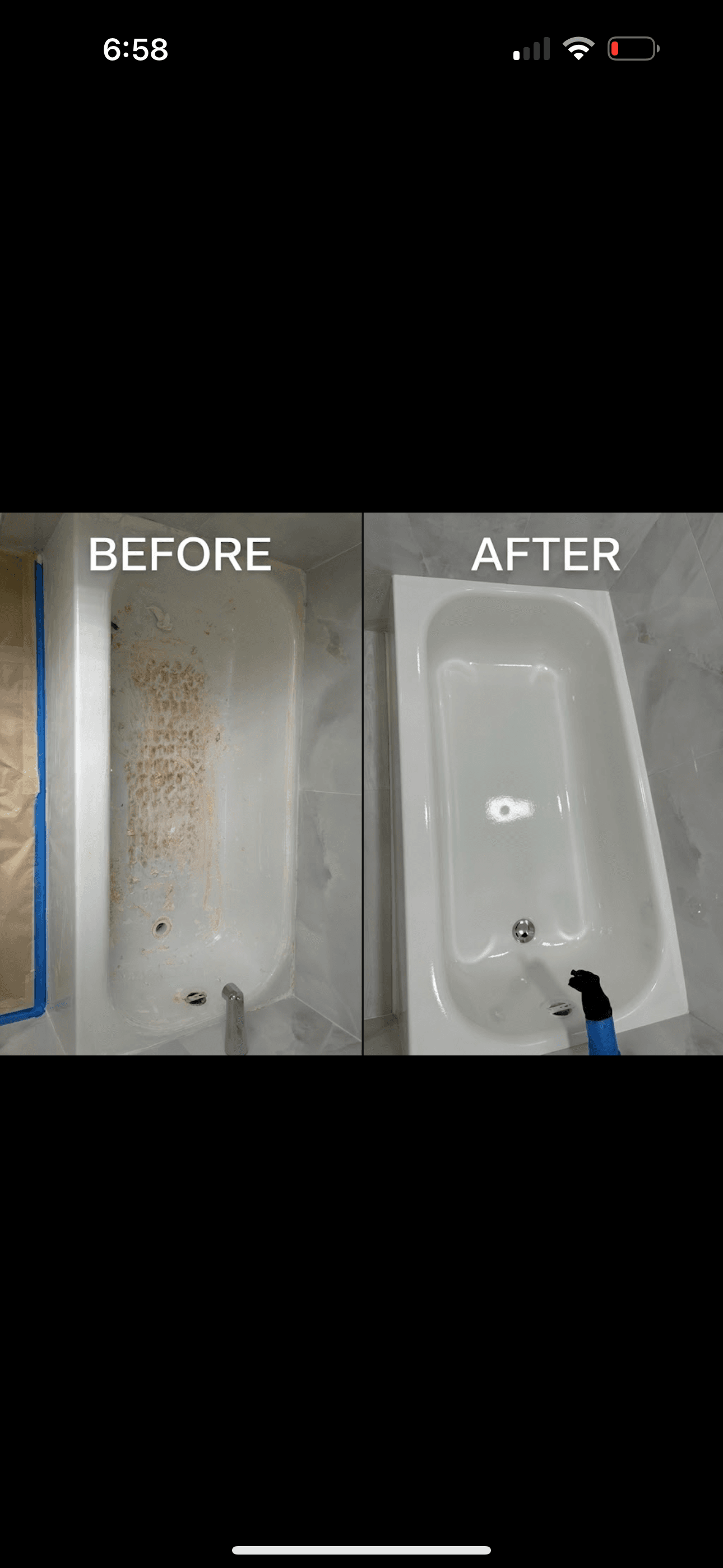 Before and after comparison of a stained bathtub restored to a clean, white finish.