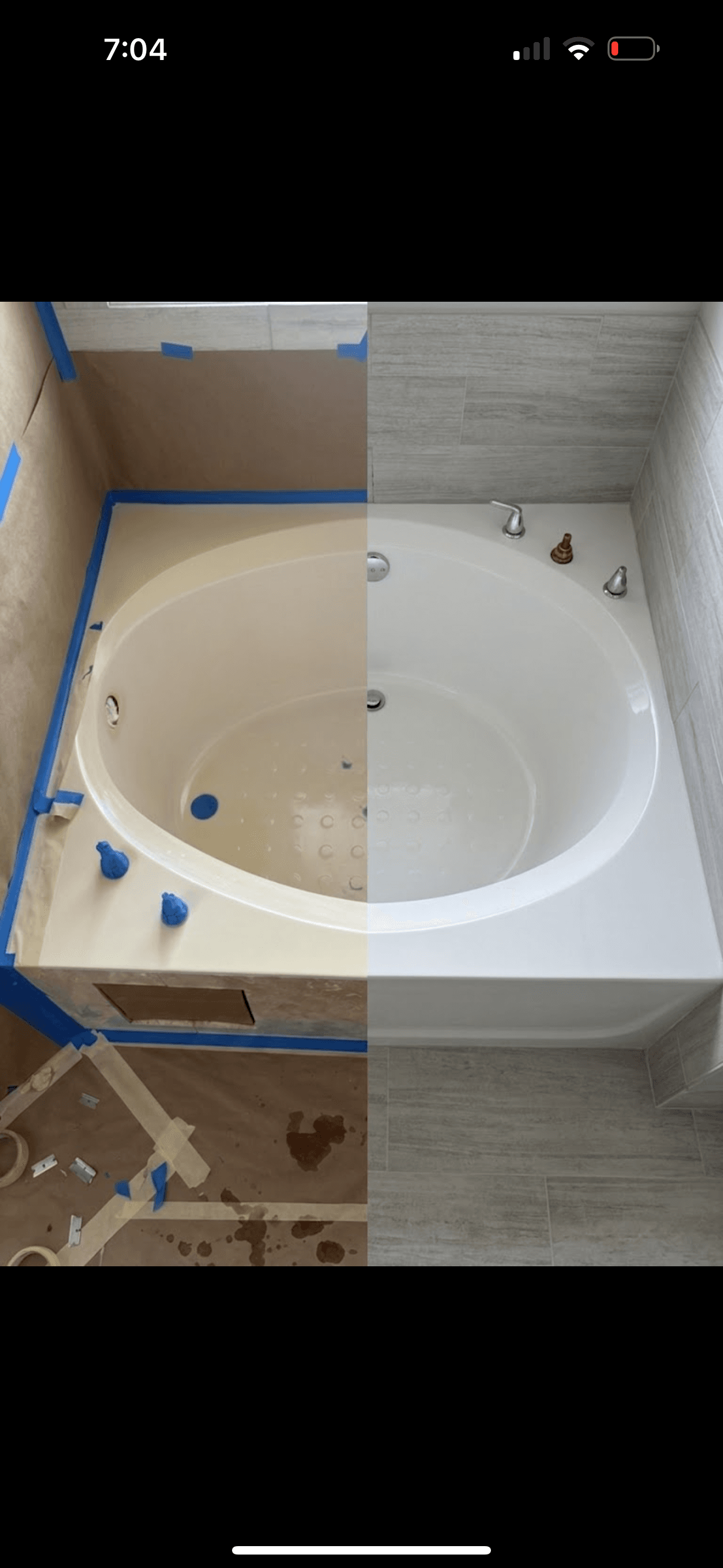 Before and after comparison of a yellowed bathtub refinished to a bright, clean white.