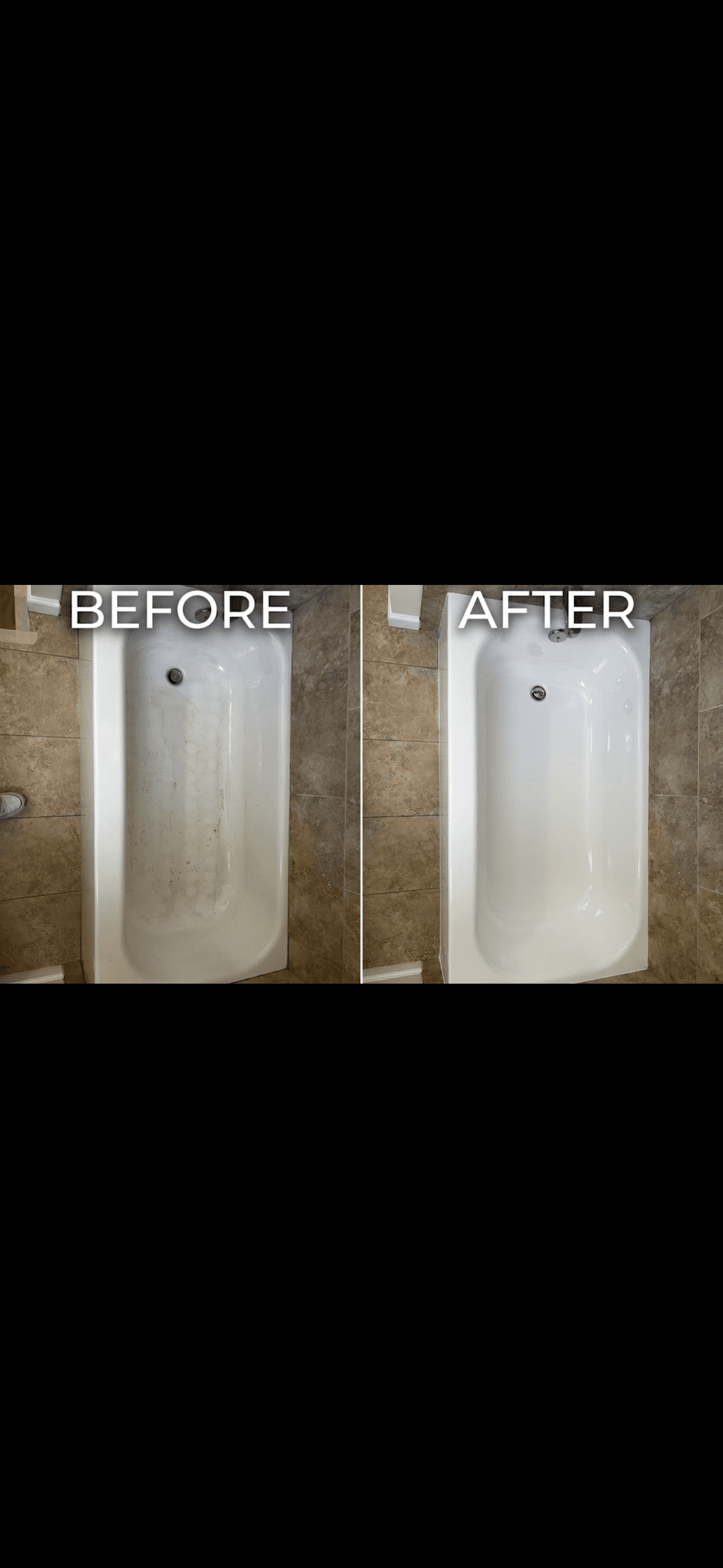 Side-by-side comparison of a stained white bathtub restored to a clean, sparkling white finish.