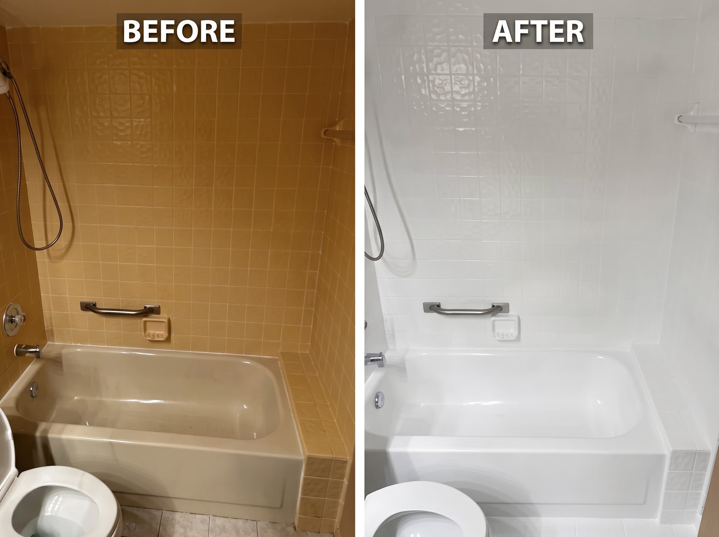 Before and after comparison of a beige bathtub and tiles refinished to bright white.