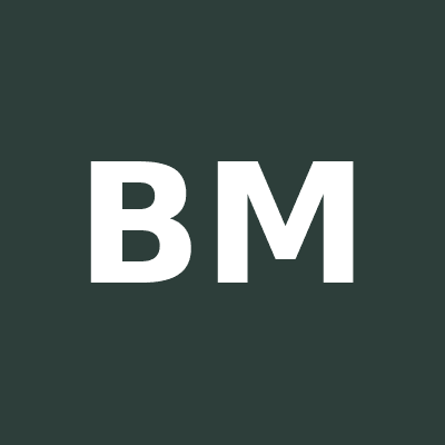 Bold white capital letters BM centered on a solid dark forest green square background.